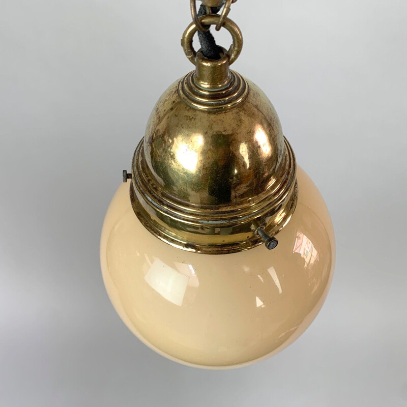 Vintage brass and opal glass pendant lamp, 1930s