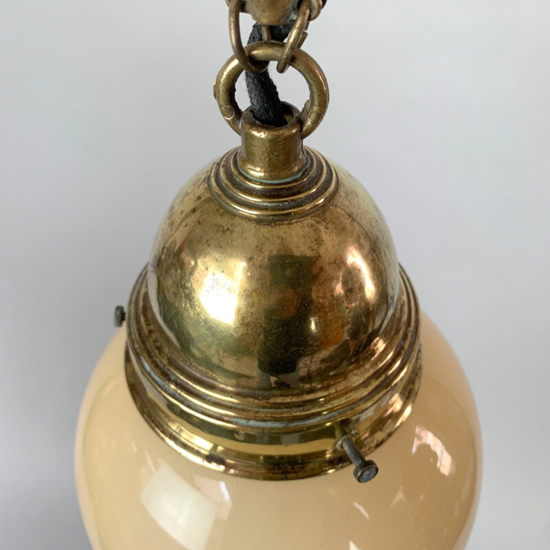 Vintage brass and opal glass pendant lamp, 1930s