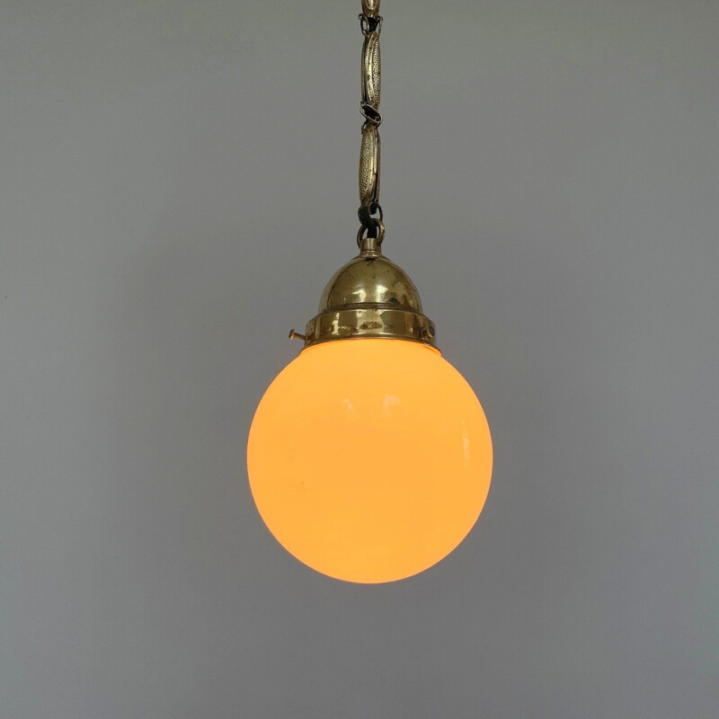 Vintage brass and opal glass pendant lamp, 1930s