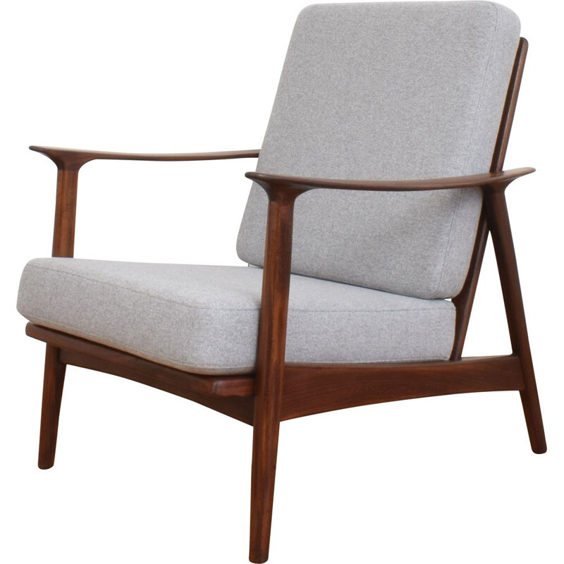 Fauteuil danois vintage en teck et tissu beige, 1960