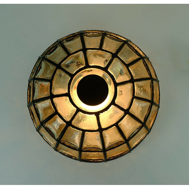Vintage ceiling lamp fixture glass with iron ring by by Glashuette Limburg, Germany 1960-1970s