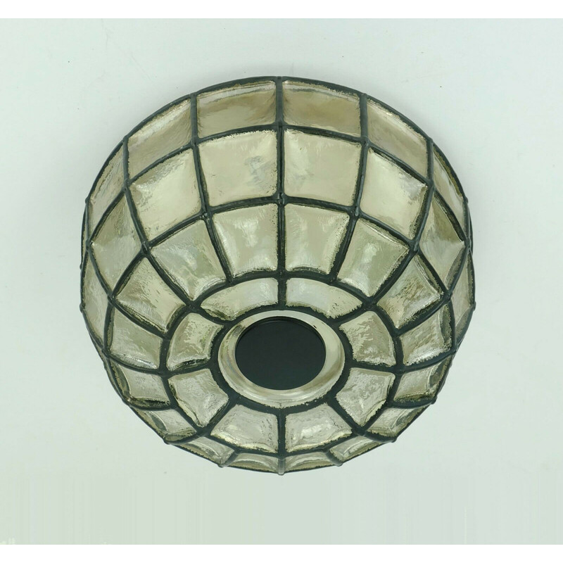 Vintage ceiling lamp fixture glass with iron ring by by Glashuette Limburg, Germany 1960-1970s
