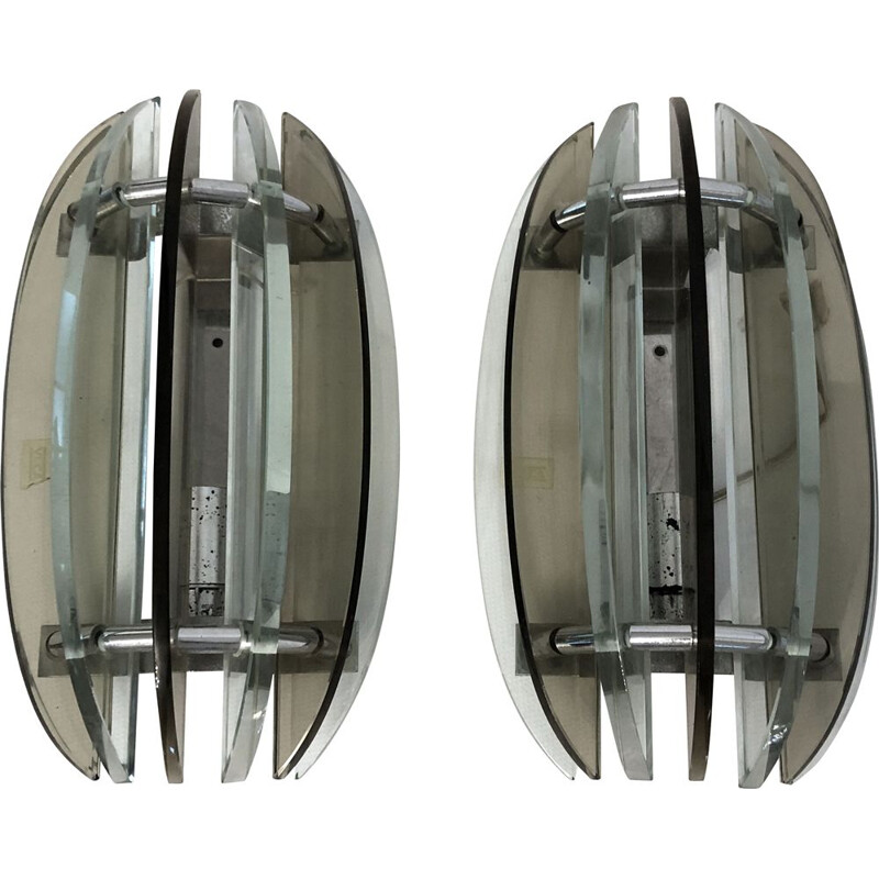 Pair of vintage glass and chrome sconces by Veca, Italy 1960