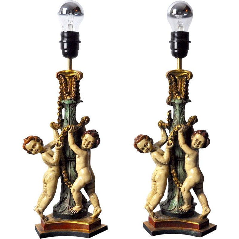 Coppia di lampade vintage a cherubino in resina, Francia 1980