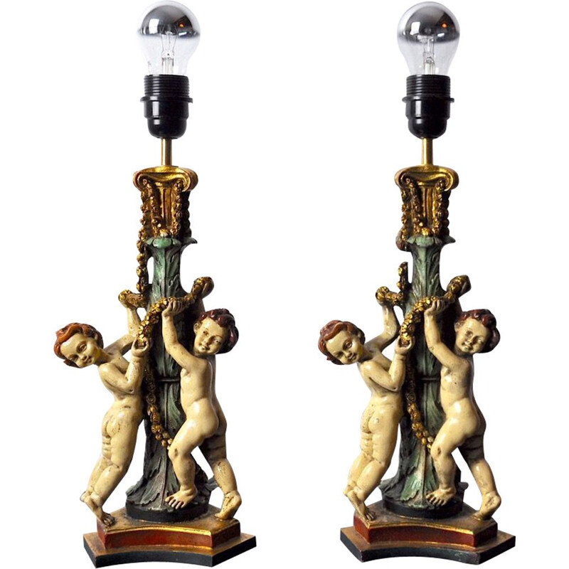 Pair of vintage resin cherub lamps, France 1980