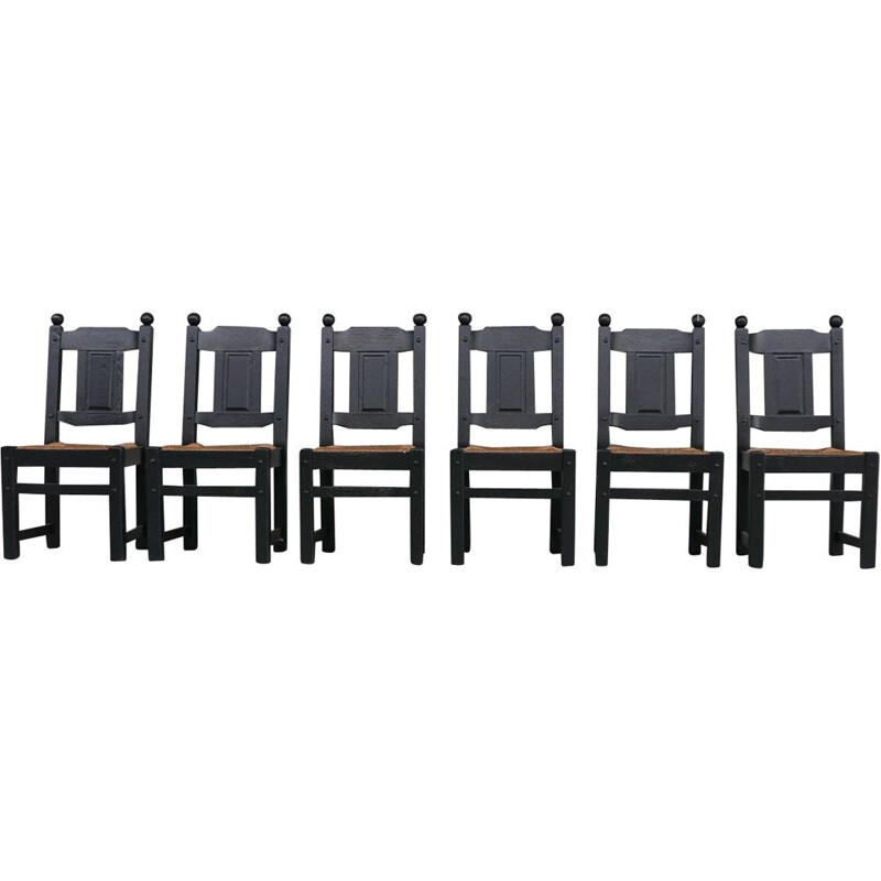 Set di 6 sedie vintage in giunco nero, Olanda 1970
