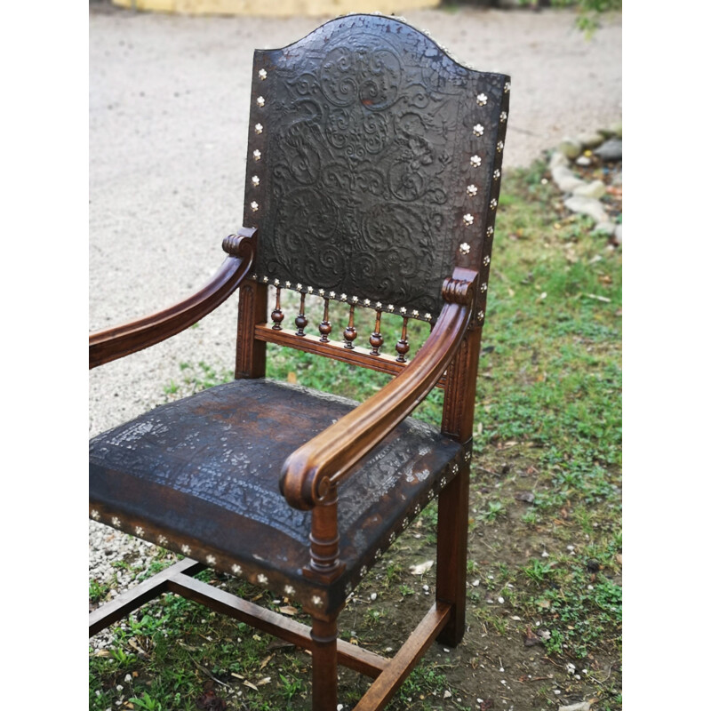 Regionalistischer Sessel Basque Vintage aus Leder und massiver Eiche