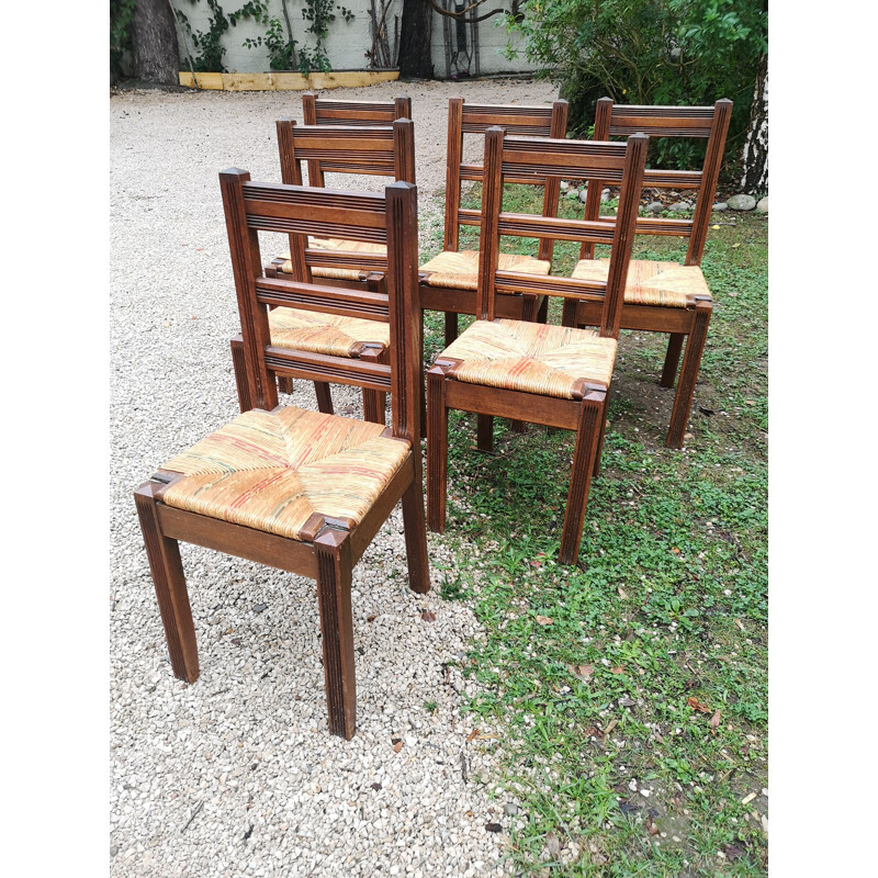 Set of 6 vintage solid oakwood chairs with straw seat