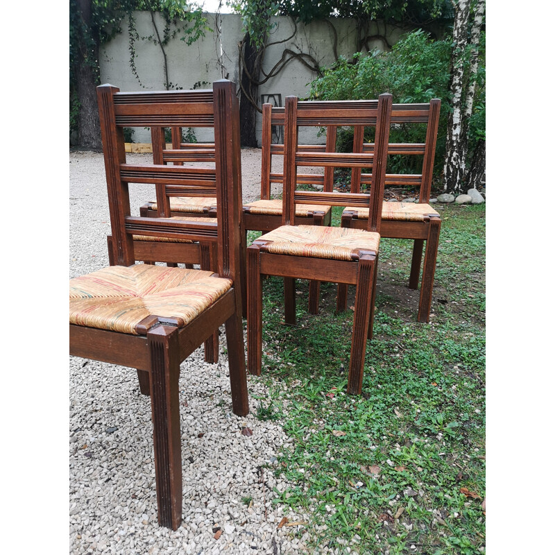 Set of 6 vintage solid oakwood chairs with straw seat