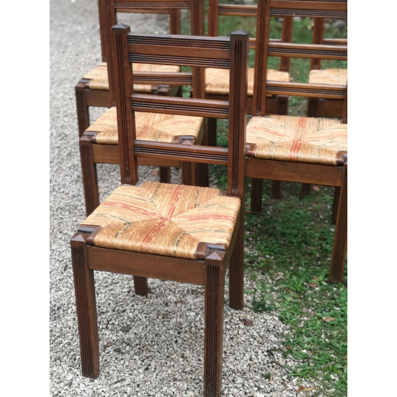 Set of 6 vintage solid oakwood chairs with straw seat