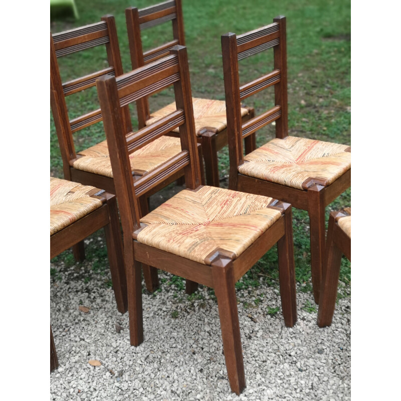 Set of 6 vintage solid oakwood chairs with straw seat