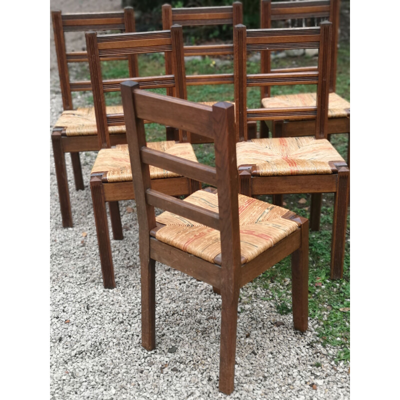 Lot de 6 chaises vintage en chêne massif et assise paillée