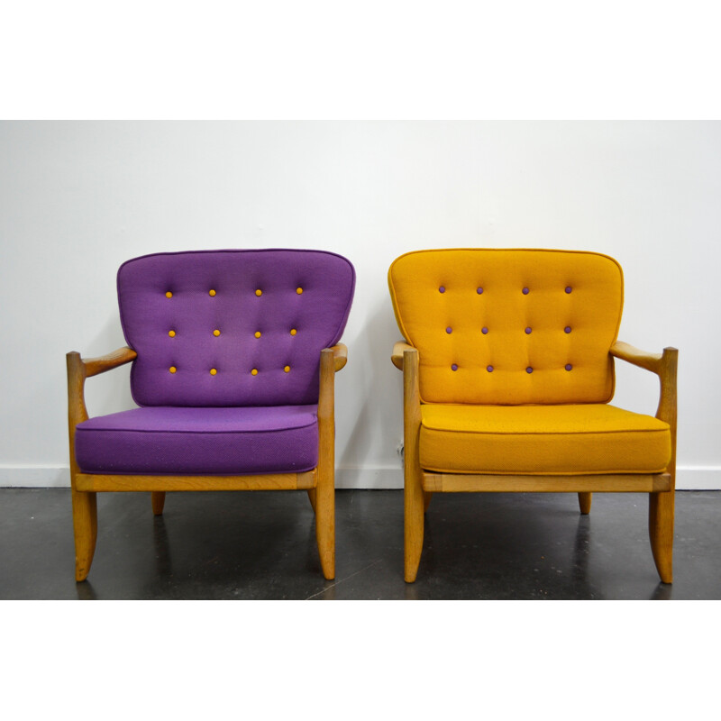 Pair of purple and yellow woolen chairs, GUILLERME & CHAMBRON - 1960s