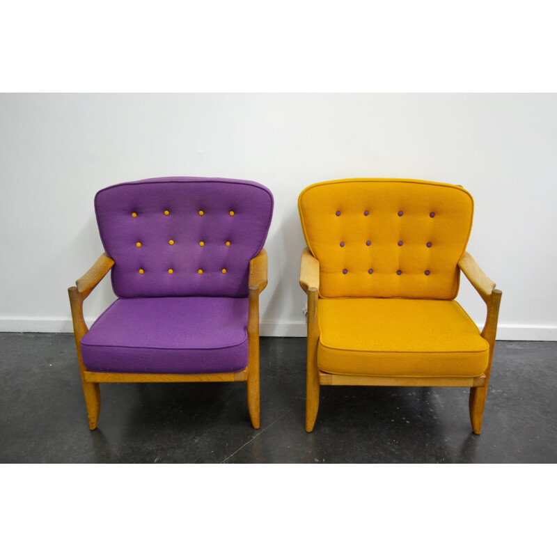 Pair of purple and yellow woolen chairs, GUILLERME & CHAMBRON - 1960s