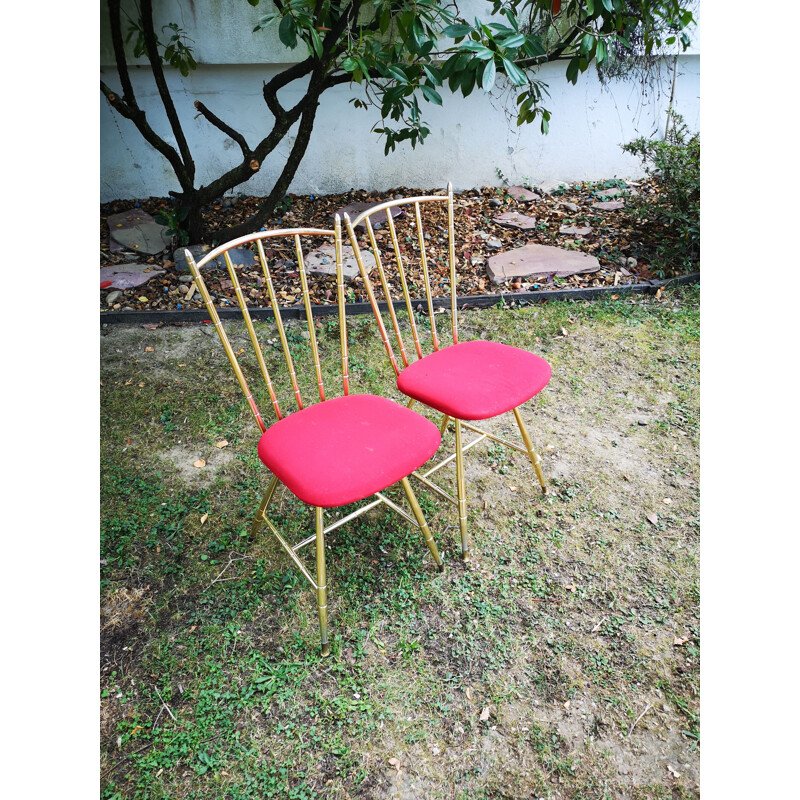 Pair of vintage chairs in gilded metal and red fabric seat