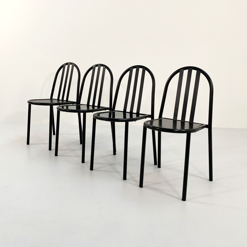 Set of 4 vintage no.222 black metal chairs by Robert Mallet-Stevens, 1970s