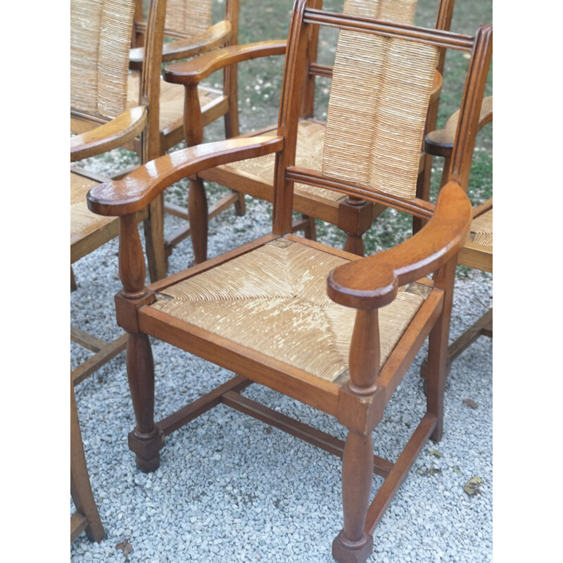 Set of 6 vintage solid oakwood armchairs with straw seat and back, 1940