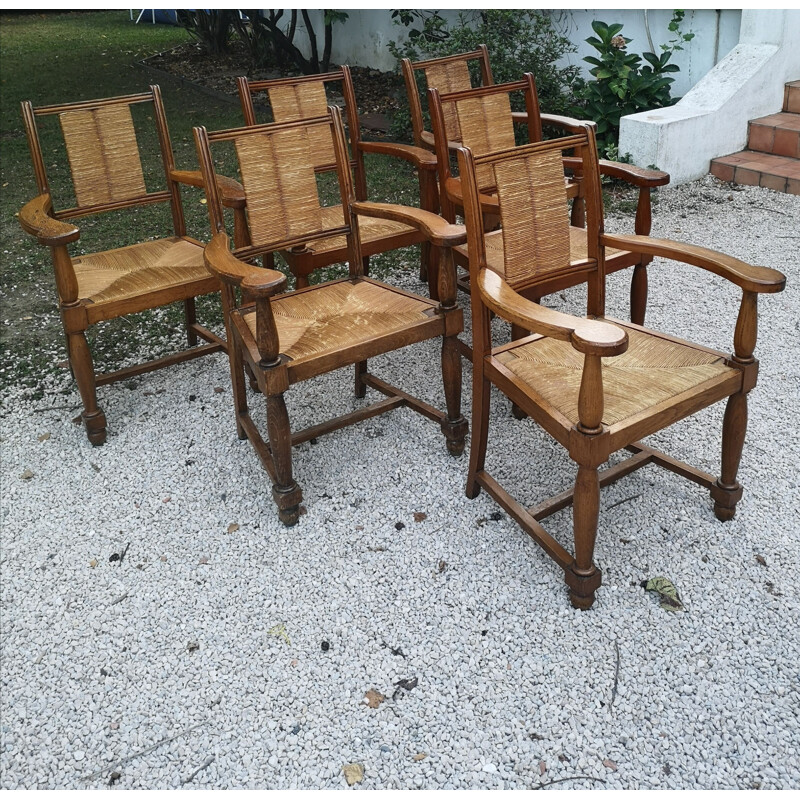 Lot de 6 fauteuils vintage en chêne massif et assise et dossier paillée, 1940