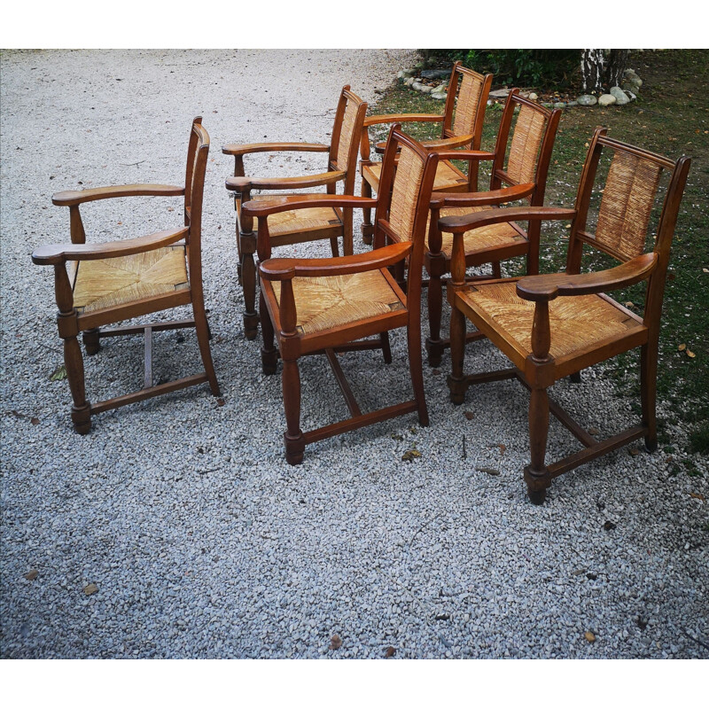Set of 6 vintage solid oakwood armchairs with straw seat and back, 1940