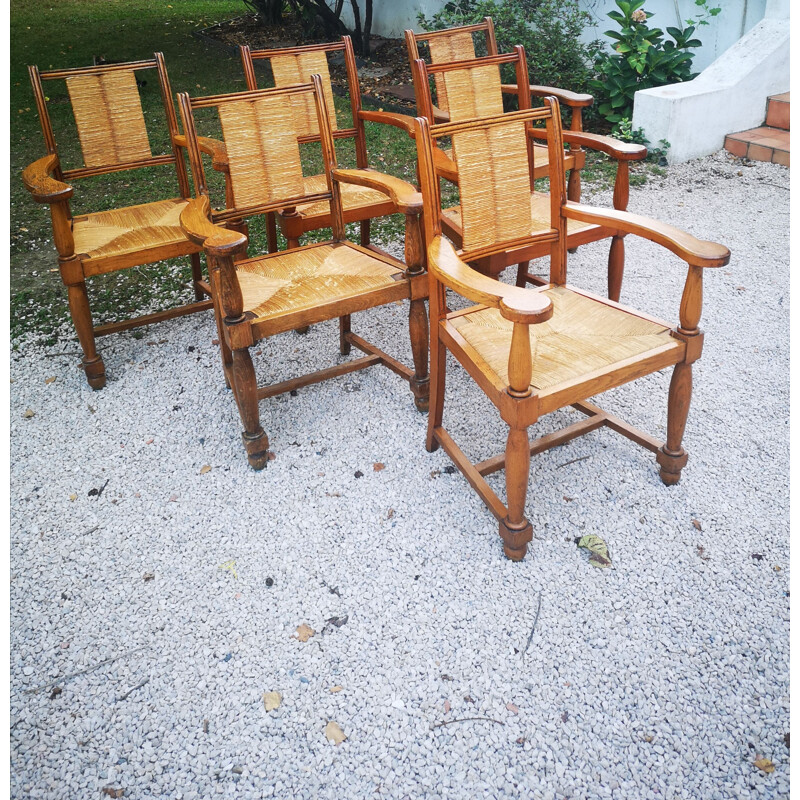 Set of 6 vintage solid oakwood armchairs with straw seat and back, 1940