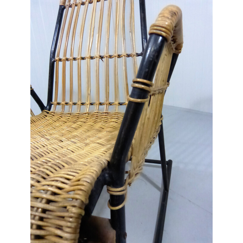 Rocking chair in rattan and black lacquered steel - 1950s