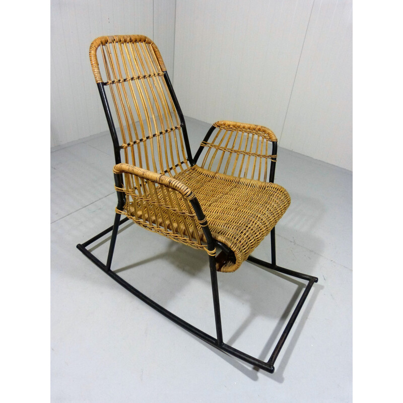 Rocking chair in rattan and black lacquered steel - 1950s