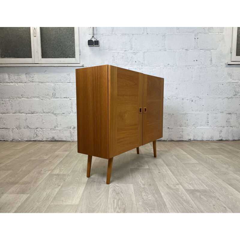 Scandinavian vintage teak highboard with sloping legs, Denmark 1960s