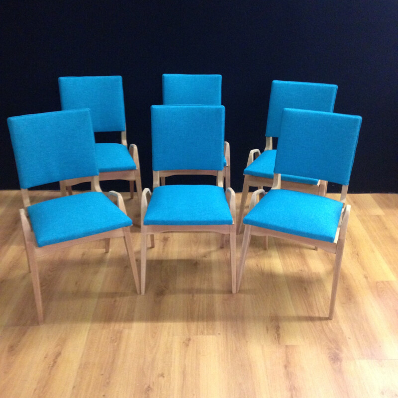 Suite of 6 blue fabric chairs - 1950s