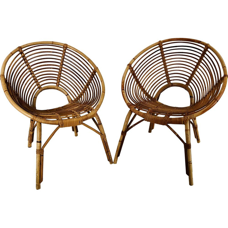 Paar vintage rotan fauteuils, Frankrijk 1960