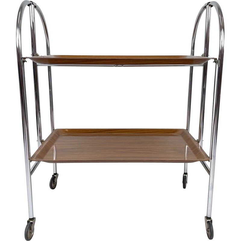 Vintage chrome and plywood folding serving cart, Germany 1950