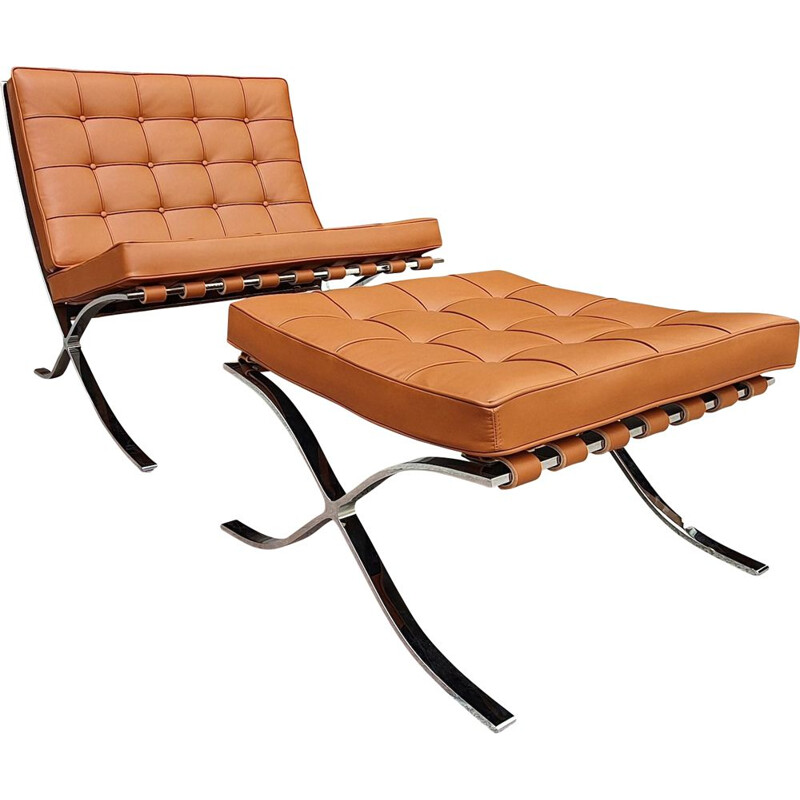 Vintage Barcelona armchair and ottoman in camel leather by Mies van der Rohe for Knoll, 2020