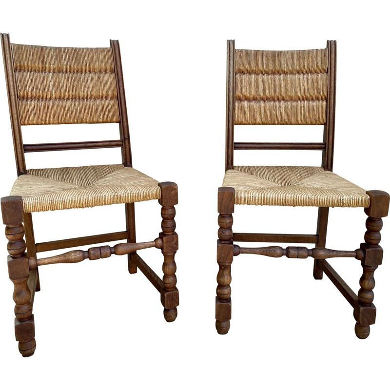 Paire de chaises vintage en chêne massif et paille