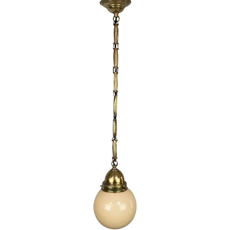 Vintage brass and opal glass pendant lamp, 1930s