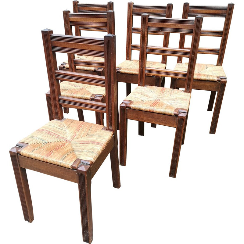 Set of 6 vintage solid oakwood chairs with straw seat