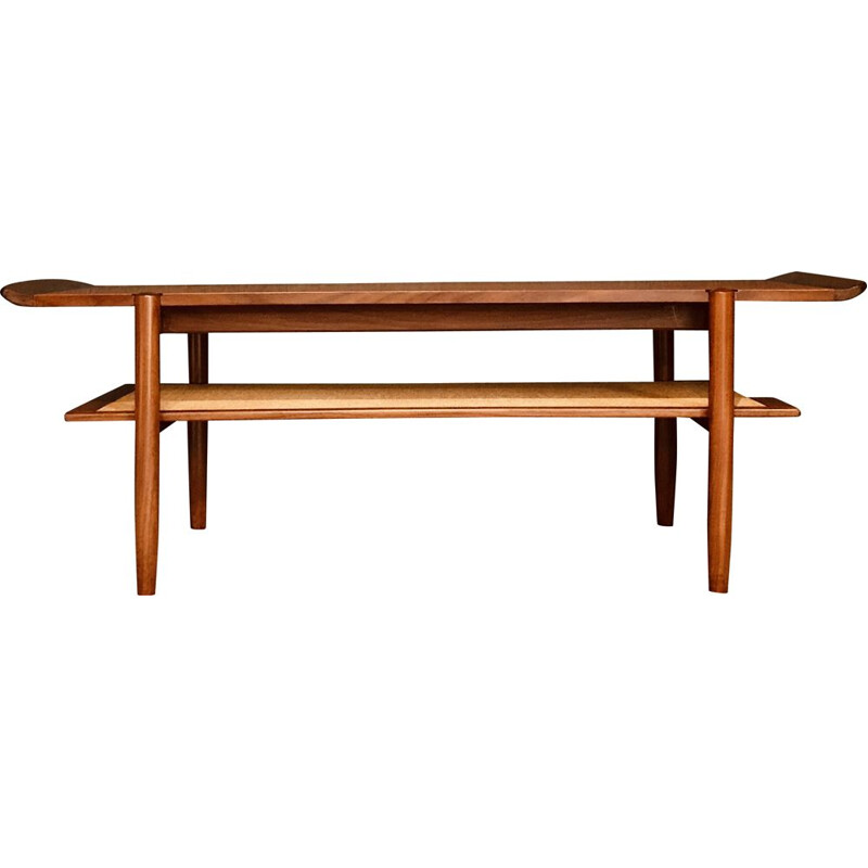 Mid century Danish teak coffee table with a rattan rack, 1960s