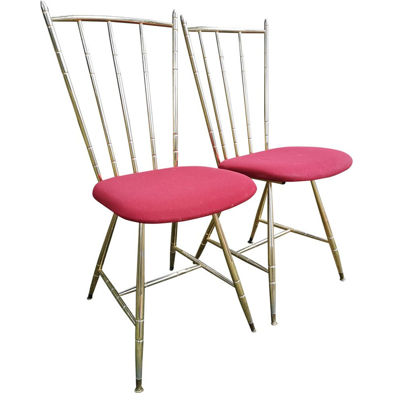 Paire de chaises vintage en metal doré et assise en tissu rouge