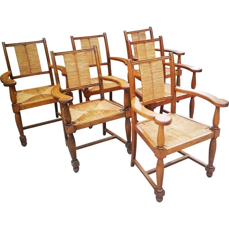 Set of 6 vintage solid oakwood armchairs with straw seat and back, 1940