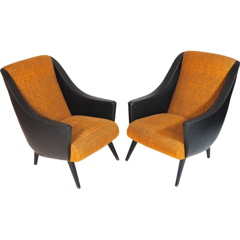 Pair of armchairs in faux leather and textil - 1950s