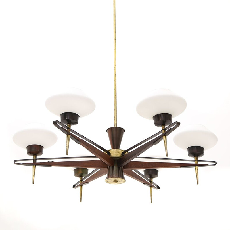 Vintage chandelier in brass glass and teak, 1950s