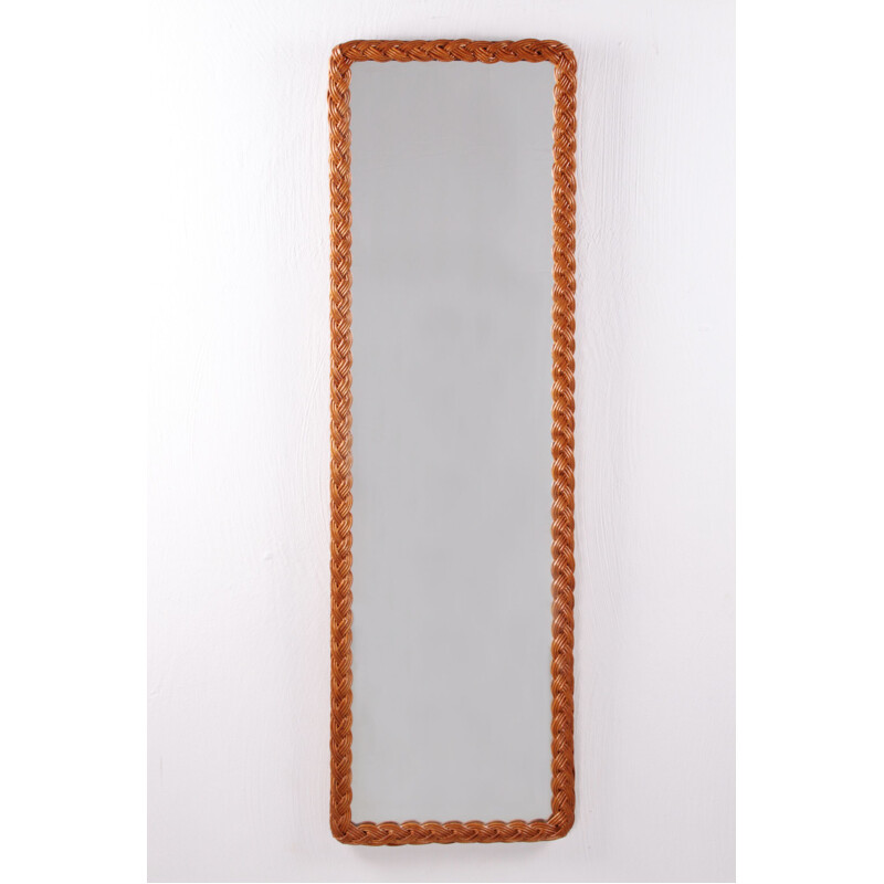 Vintage tall narrow rattan mirror Bohemian style, 1960s