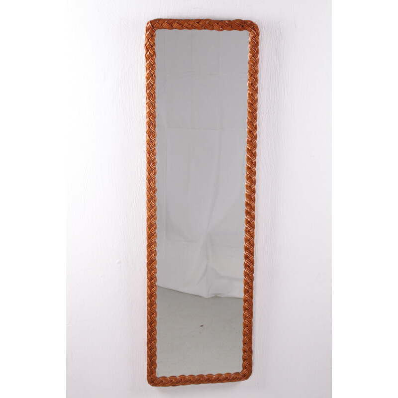 Vintage tall narrow rattan mirror Bohemian style, 1960s