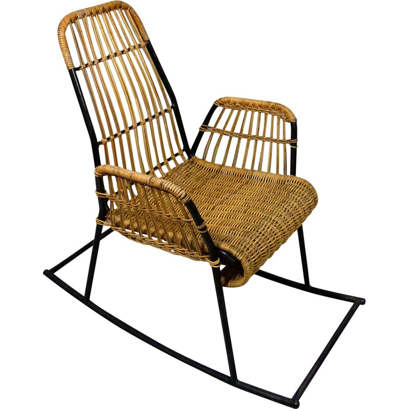 Rocking chair in rattan and black lacquered steel - 1950s