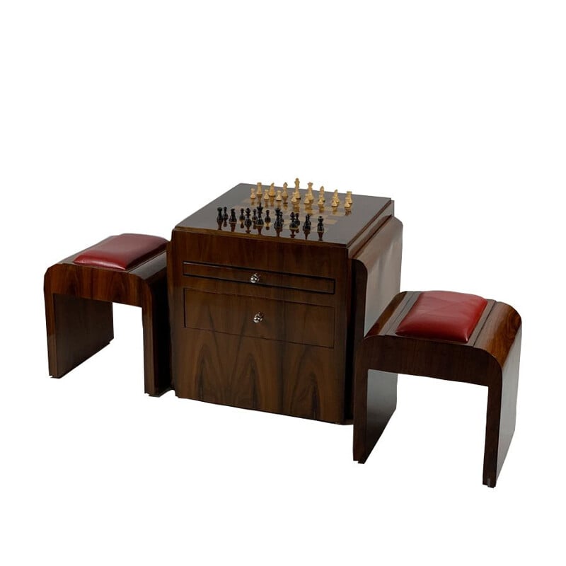 Vintage Art Deco rosewood chess table with figures and two stools, 1930