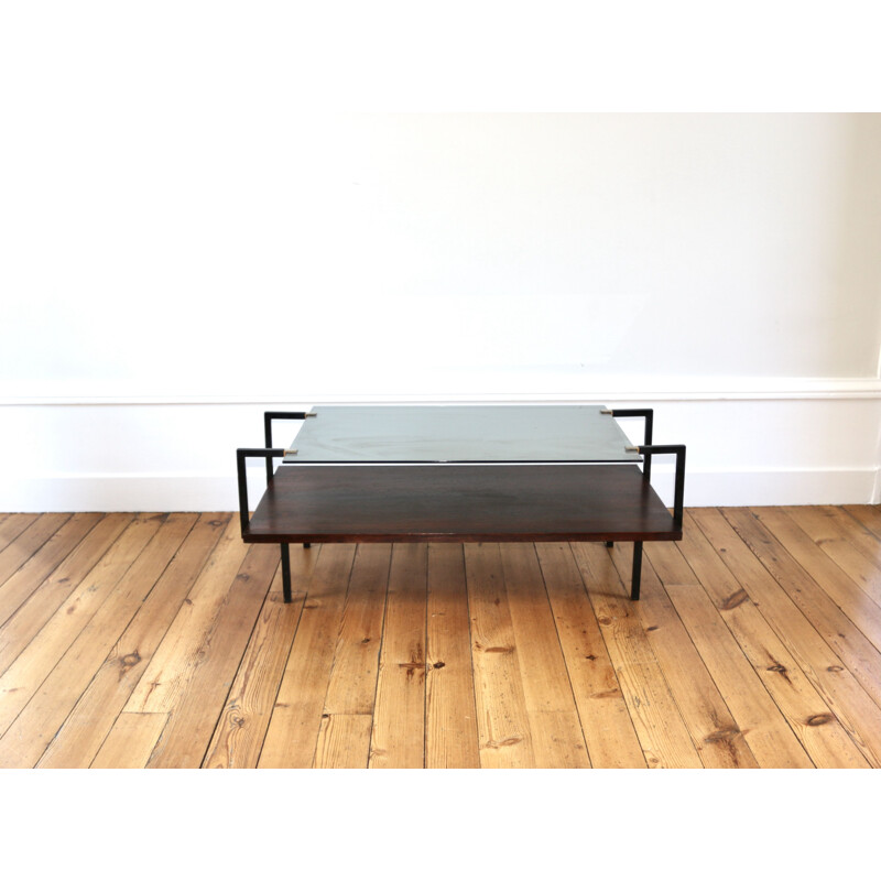 Vintage modernist glass and rosewood coffee table, 1950s