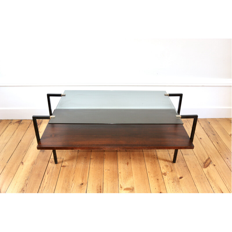 Vintage modernist glass and rosewood coffee table, 1950s