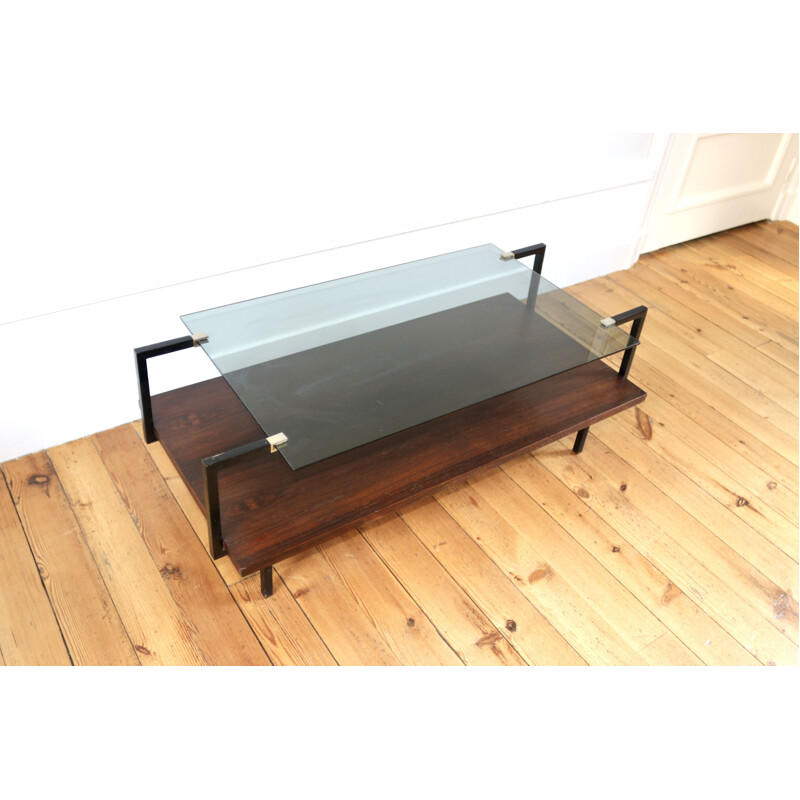 Vintage modernist glass and rosewood coffee table, 1950s