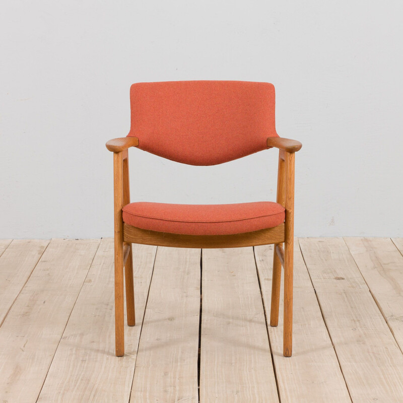 Vintage oak desk chair in pale red wool by Erik Kirkegaard