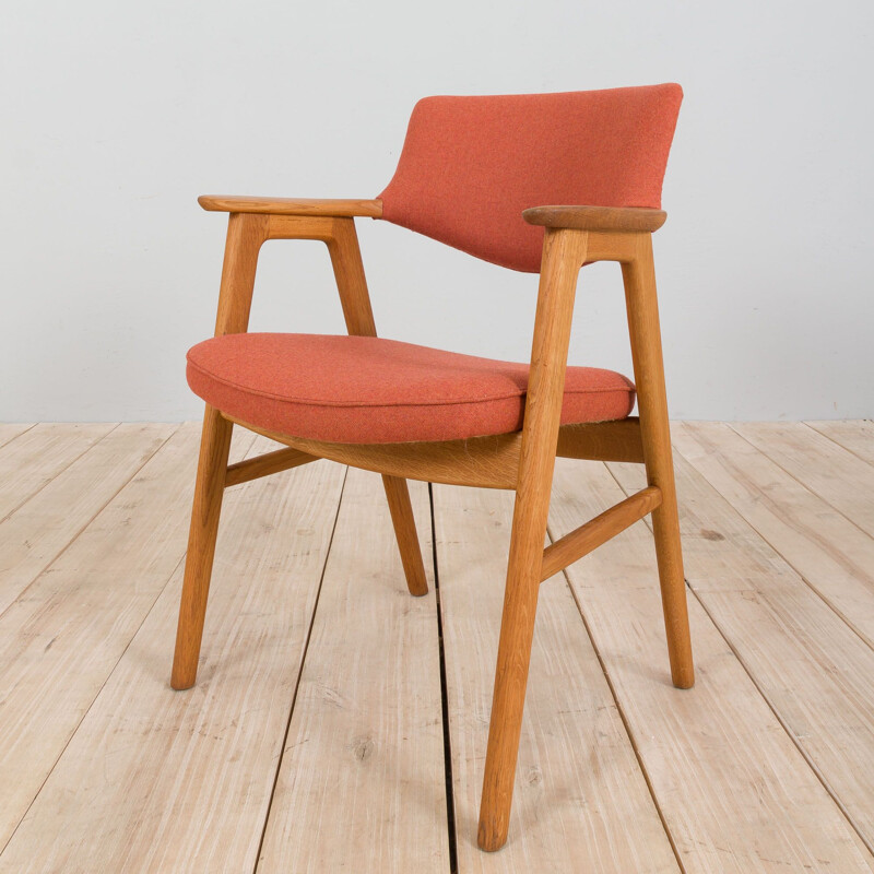 Vintage oak desk chair in pale red wool by Erik Kirkegaard