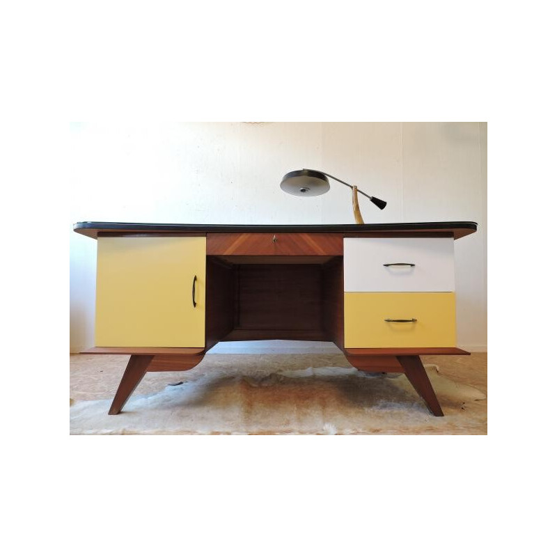 Large office desk in wood with compass legs - 1950s