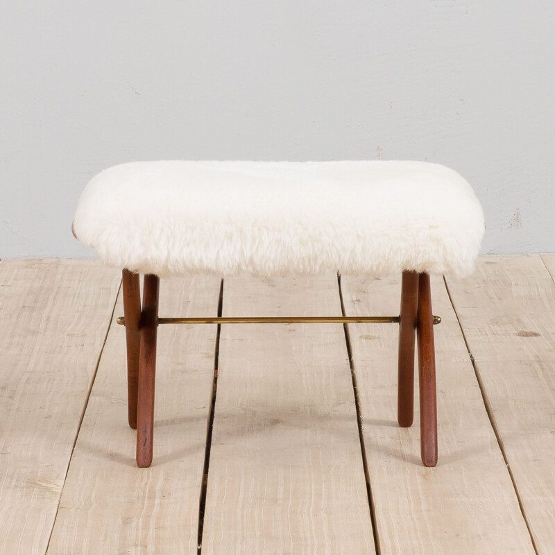 Vintage danish solid teak stool in Merino sheepskin, 1950s 